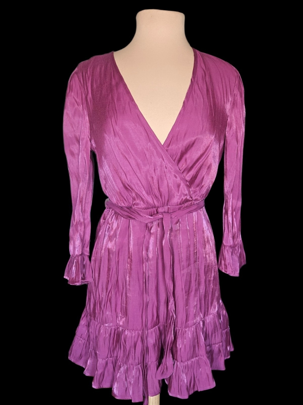 Silky Plum Faux Wrap Dress with Ruffle Hem Sz L